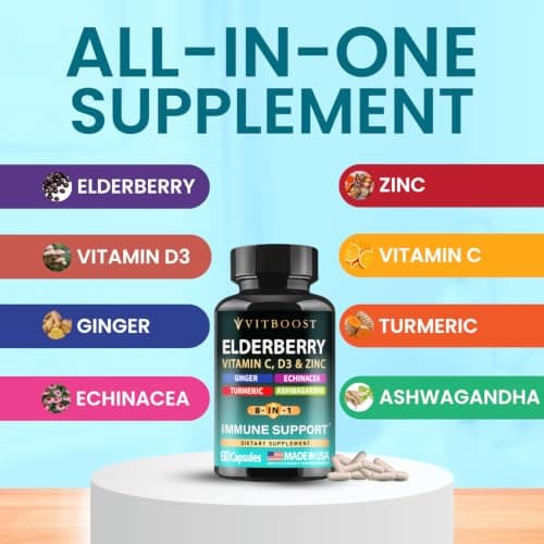 Elderberry Immune Support Supplement 8-in-1 Formula with Echinacea, Vitamin C & Zinc, Vitamin D 5000 IU, Turmeric, Ginger, Ashwagandha – 60 Capsules - Thumbnail 5