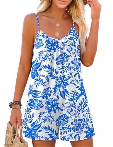 Ekouaer Summer Rompers for Women Boho Beach Vacation Outfits Sleeveless Loose Shorts Overalls 2026 Jumpsuit With Pockets Blue Floral XXL - Image 1