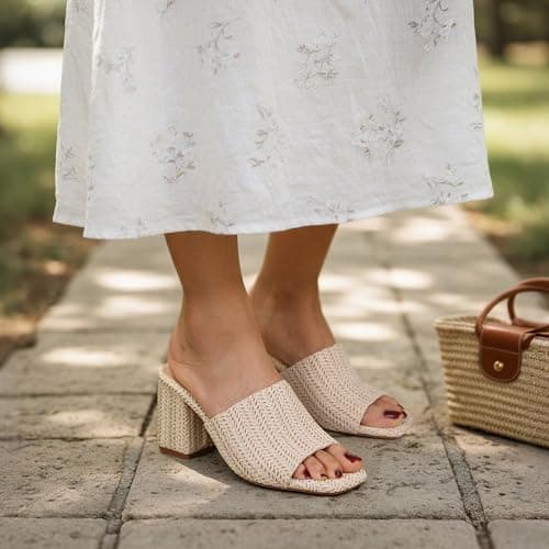 Ancomafio Women's Heeled Sandals Raffia Sandals Square Open Toe Heels Backless Mules Slip On Block Heels Beige Size 8.5 - Thumbnail 2