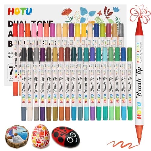 HOTU 72 Colors Acrylic Paint Markers, Acrylic Markers with 36 Dual-Brush Tip Paint Markers for Stocking Stuffers, Rocks, Coloring Books, DIY Art Supplies