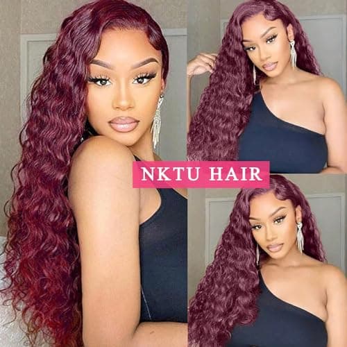 NKTU 30inch Burgundy Lace Front Wigs Human Hair- 99j Deep Wave HD Transparent Lace Frontal Wigs for Women Wine Red Glueless Pre Plucked with Baby Hair 180 Density - Thumbnail 6