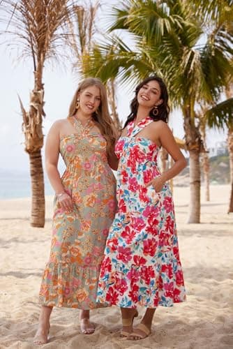 GRACE KARIN 2025 Women Floral Halterneck Summer Dress A Line Flowy Maxi Dresses Greygreen XL - Thumbnail 4