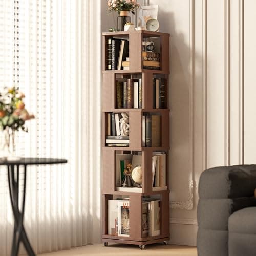 5 Tier Solid Wood Rotating Bookshelf Tower on Wheels, 360° Upgrade Spinning Book Shelf, Revolving Bookcase Organizer, Swivel Bookshelves for Small Spaces, Corner, Bedroom, Kids Room, Office (Brown)