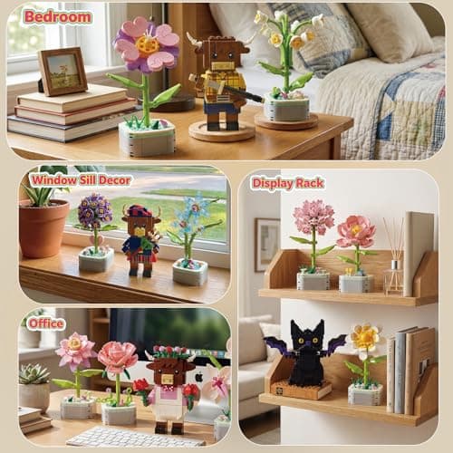 6 Set Flowers and Animal Building Blocks Blind Box -5 Flowers & 1 Animal (Highland Cow or Black Cat) Random Building Sets,A CreativeToy for Kids & Adults,Great for Desks or Farm Decor,Gift Ages 6+ - Thumbnail 4
