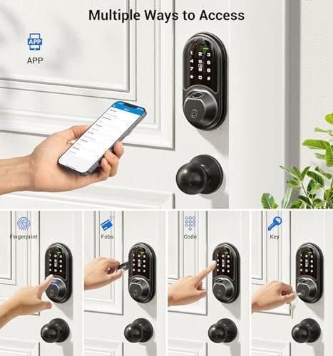 Veise RZ07C Smart Locks for Front Door, 2 Knob Handle Set, Fingerprint Keyless Entry, App Control Biometric Lock, Electronic Digital Touchscreen Keypad Deadbolt, Easy Install, Auto Lock, Matte Black - Thumbnail 2
