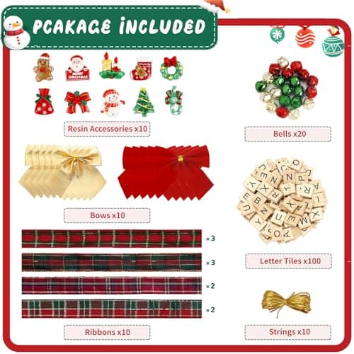 Christmas Ornaments Tree Decorations Personalized Crafts for Adults Kit DIY Ribbon Letter Tiles Bells Rustic Stockings Name Tags Hanging Xmas Decor for Gifts Wreath Holiday(Tartan) - Thumbnail 2