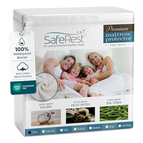 SafeRest Waterproof Twin Size Mattress Protector - Fitted with Stretchable Pockets - Machine Washable Cotton Blend Mattress Cover for Bed - Image 1