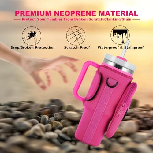 BULKITEM Water Bottle Carrier Bag with Phone Pocket for Pink Stanley 40 oz Tumbler with Handle, Hot Pink Insulated Neoprene Cup Holder Pouch Strap for Valentines Stanley Cup Accessories - Thumbnail 4