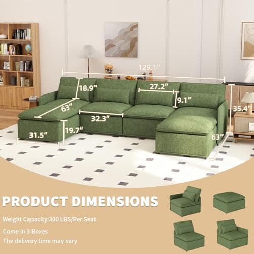 Maakkuu 129" U Shaped Couch, Modular Sectional Sofa with Moveable Ottoman, Large Deep Seat Chenille Sofa for Living Room, Oversized Modern Comfy Couch for Apartment, Office - Thumbnail 2
