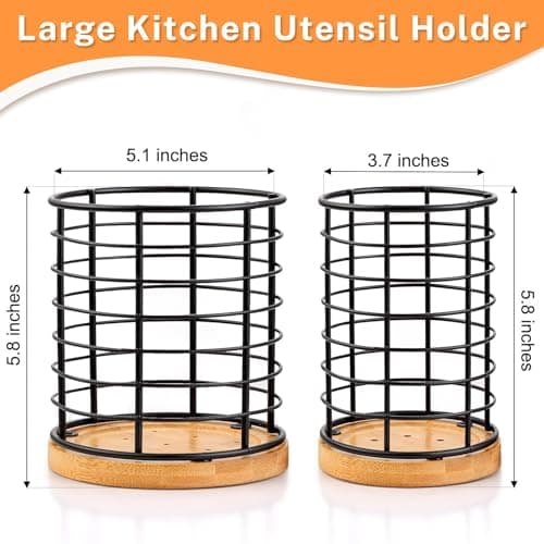 hunnycook 2-Piece Utensil Holders - 5.1*5.1*5.8 and 3.7*3.7*5.8 inches Kitchen Utensil Holders, Metal Black Crocks with Wooden Base, Easy to Drain - Thumbnail 2
