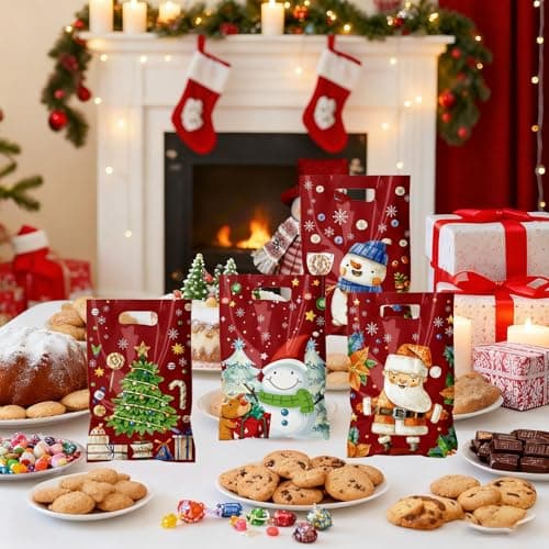 TESKEUP Christmas Gift Bags with Handles - 100 Pcs Christmas Treat Goodie Bags, Plastic Small Xmas Favor Bags Bulk for Candy Cookies Snacks Xmas Holiday Party Favors Supplies - Thumbnail 5
