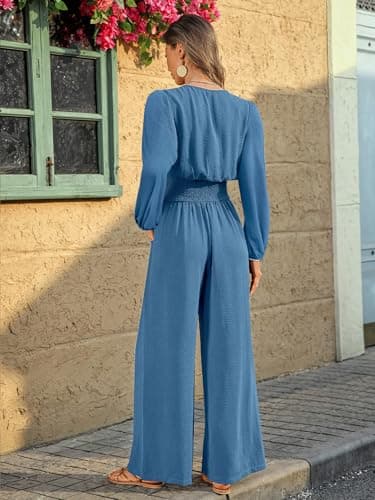 LOOKBOHO Jumpsuits for Women Dressy Casual Long Sleeve One Piece 2026 Fall V Neck High Waist Wide Leg Romper With Pockets Blue Large - Thumbnail 3