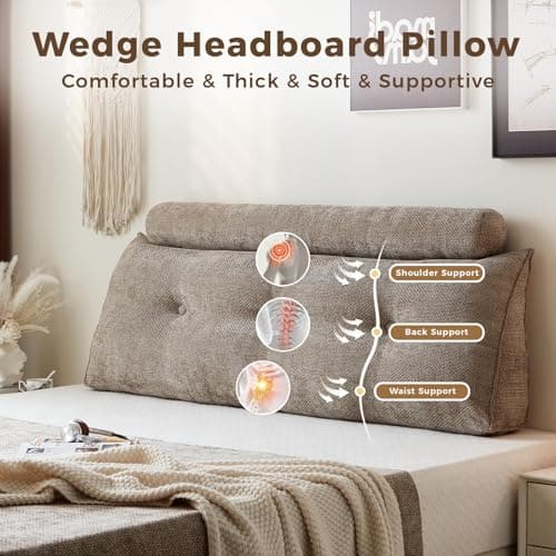 ZERALIVEN Headboard Pillow for Full – Chenille Large Triangular Wedge Pillow for Headboard Gap, Daybed and Couch Backrest, Reading and Sitting Up in Bed with Removable Washable Cover, Brown - Thumbnail 2