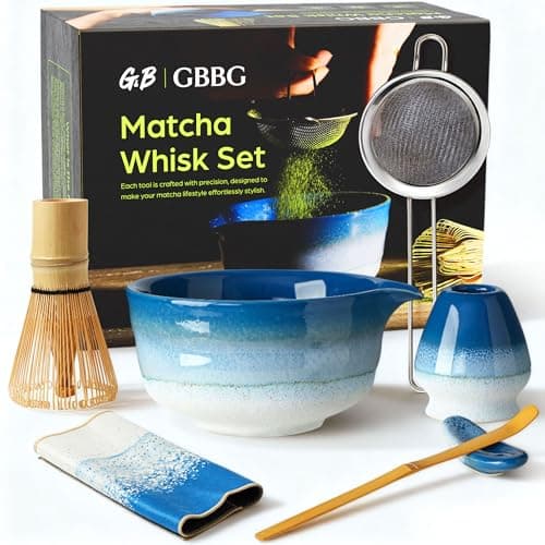 GBBG Matcha Whisk Set, Ceramic Matcha Kit Desert Style, Matcha Whisk and Bowl, Bamboo Scoop and Rest, Sifter and Tea Towel, 7 Pcs Gifts for Matcha Lover (Blue)