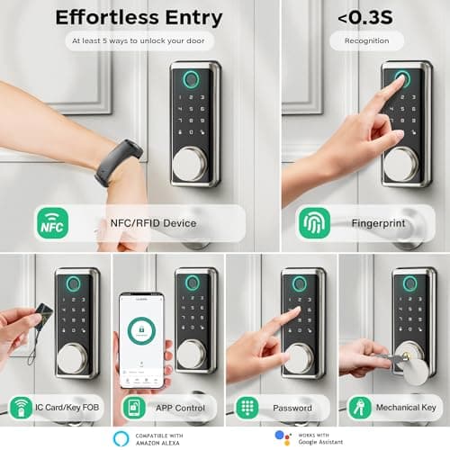 Sophia Keyless Entry Door Lock, Smart Auto Locks for Front Door & Key Fobs & Remote Control, Keypad Deadbolt Digital, Fingerprint Door Lock with Code, Cerraduras Inteligentes, IP68, Satin Nickel - Thumbnail 2