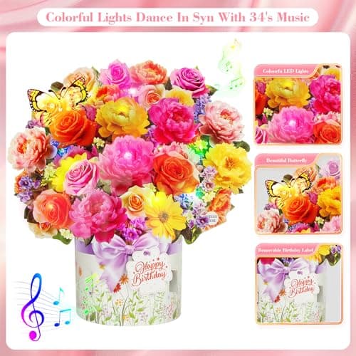 XTF2015 Birthday Cards with MUSIC & LIGHTS, Happy Birthday Card, Peony & Butterfly, 13 Inch Life Sized Forever Flower Bouquet 3D Pop Up Music Cards for Mom Daughter Women Wife - Thumbnail 3