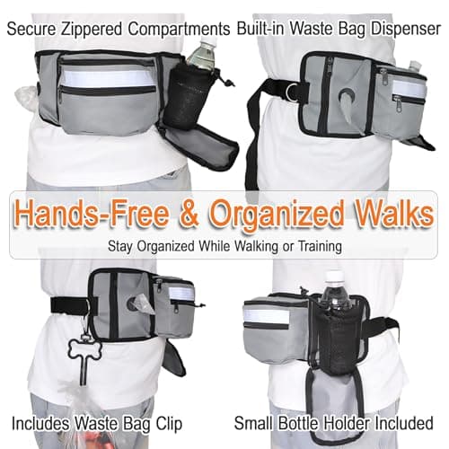 Dog Walking Fanny Pack with Poop Bag Dispenser & Bottle Holder, Hands-Free Dog Walk Bag with Adjustable Waist Belt, Reflective Dog Fanny Pack for Walking, Training & Daily Use, Gray - Thumbnail 3