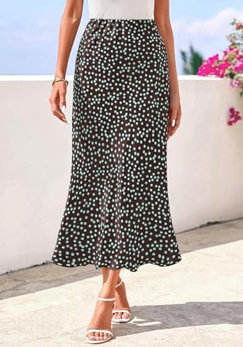 BTFBM Satin Skirts for Women 2025 Fall High Waisted A-Line Leopard Print Cocktail Wedding Long Silk Summer Midi Skirt(Dot Coffee Green, Medium) - Thumbnail 2