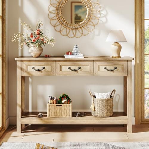 HUAHUU 47.2" Console Table with 3 Rattan Drawers, Long Sofa Table with Storage Behind Couch, Modern Entryway Table with Power Outlet & Open Shelf for Entrance/Hallway/Foyer/Living Room, Natural - Thumbnail 6