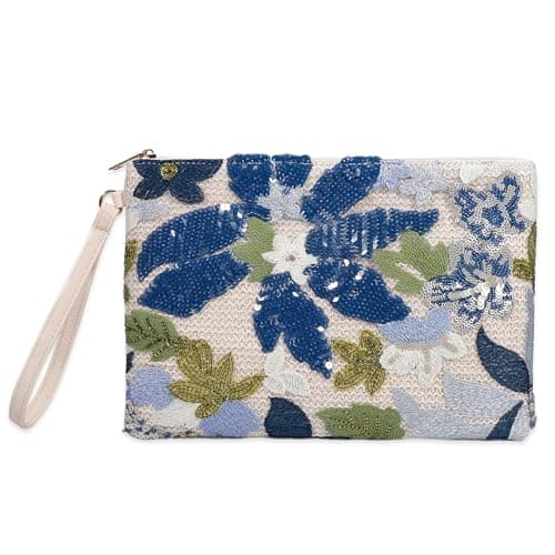EGOUE Clutch Purses for Women, Embroidered Floral Clutch Bag with Leather Wrist Strap for Daily Travel, Parties & Wedding