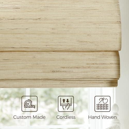 TWOPAGES Natural Woven Ramie Roman Shades, Custom Cordless No Drill or Motorized Bamboo Blinds for Indoor Windows Doors, Cashew - Thumbnail 4