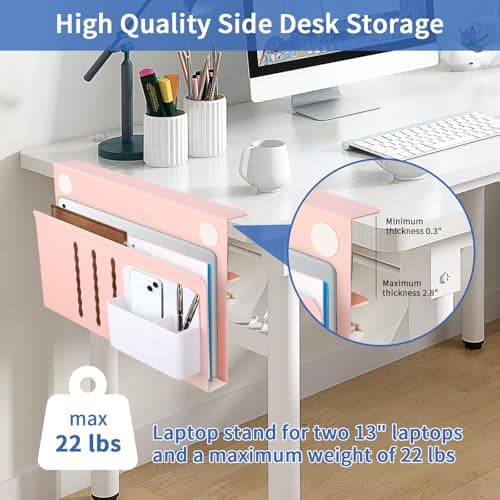 LUKETURE Desk Side Storage, Steel Side Desk Organizer, No Drill Workspace Organizers, Clamp on Computer Desk Accessories, with Magnetic Pen Holder, Fits Flat Edge Tables 0.3" to 2.8" - Thumbnail 2