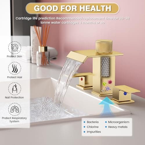Brushed Gold Bathroom Faucet 3 Hole, 8 Inch Widespread Waterfall Bathroom Sink Faucet with Filter, Includes Metal Pop-Up Drain and Supply Hoses, Perfect for Vanity, Restroom, Sink, Rv - Thumbnail 2