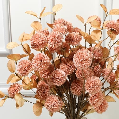 Luldesce Beige Faux Silk Pompon Mums Artificial Flowers - 12 Pcs Fake Kiku Flowers Bulk with Eucalyptus Leaves, Long Stems Chrysanthemums Ball Flower for DIY Centerpiece Party Spring Home Decor - Thumbnail 3