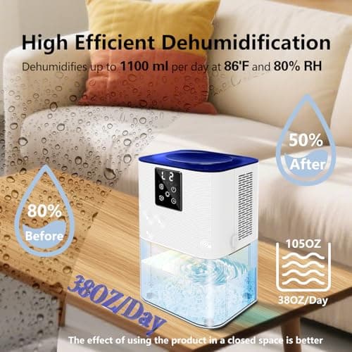 MTOX Dehumidifier, 3L/105oz Water Tank, 1100ml/Day, Dehumidifier for Bathroom Bedroom Basement RV, Quiet 28dB Sleep Mode, Auto Shut-Off, Auto Defrost, 7-Color LED Light, Digital Display (Blue White) - Thumbnail 3
