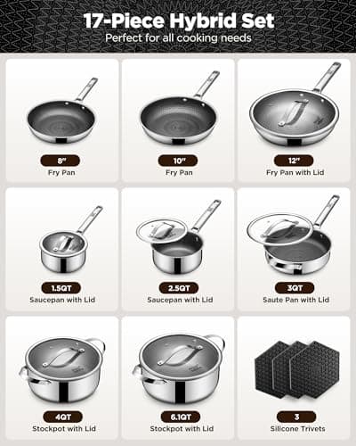 Pots and Pans Set Hybrid Stainless Steel, 17PC Nonstick Tri-Ply Cookware Set w/Frying pan, Dishwasher & Oven Safe, PFOA-Free, Metal Utensil Safe, Suitable for All Cooktops - Thumbnail 2