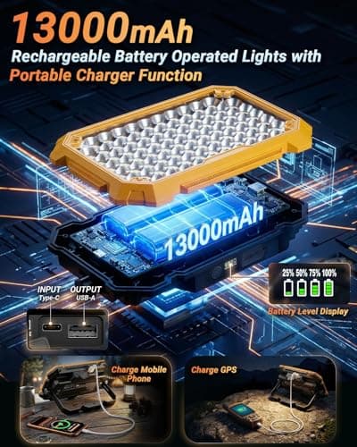 13000mAh Rechargeable LED Work Light, 10000LM Magnetic Flood Light with 180° Rotatable Stand & 4 Modes, IP65 Waterproof, Ideal for Power Outage Emergency Camping Car Repair Workshop, Tool Gift for Men - Thumbnail 5