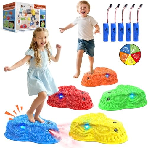 Dinosaur Toys for Kids 3-5, Mist Spraying Dino Roaring & Light up Stepping Stones for Kids, Indoor & Outdoor Durable Non-Slip Sensory Balance Stones with 5 Rechargeable Batteries, Great Toddlers Gift - Image 1