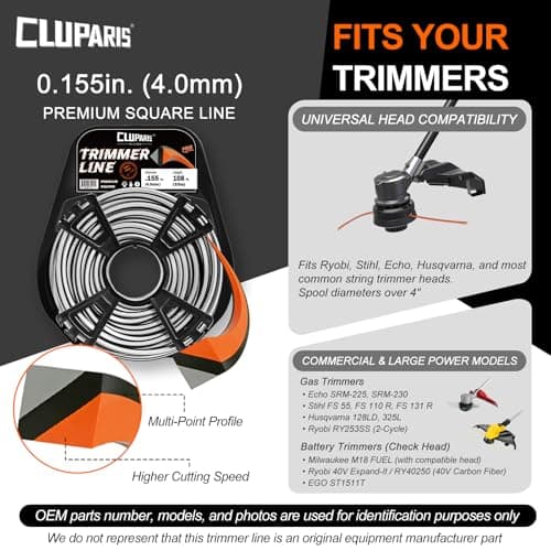 Cluparis .155-Inch Heavy Duty Trimmer Line, 1lb 108ft Professional Square Weed Eater String, 3-Component Tri-Extrusion for Extra Durability, Fits Echo Husqvarna Ryobi, with Super Line Cutter - Thumbnail 5