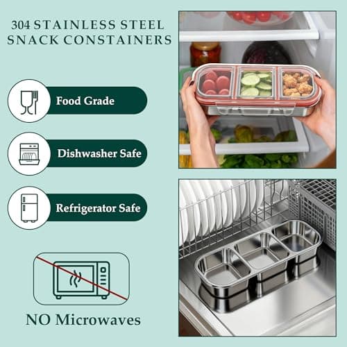 QCQHDU Snack Containers, Reusable Stainless Steel 3 Compartment Condiment Metal Bento Lunch Box with Lids, Divided Snack Food Storage Lunchable Containers for Home, Work, Travel, Camping, 5 Pack - Thumbnail 6