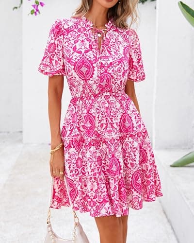 BTFBM Women Summer Floral Short Dresses V Neck Short Sleeve Tiered Ruffle Boho Swing Dress A-Line Mini Dresses(White Rose Red Floral,Small) - Thumbnail 5
