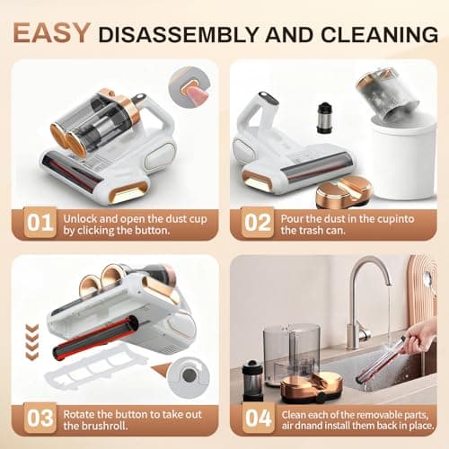 SRGARH Cordless Mattress Vacuum Cleaner, 16Kpa Bed Vacuum with 253.7nm UV-C Light & Ultrasonic Tech, HEPA Filter, Portable Handheld Vacuum for Bed Sofa Couch Crib & Pet Hair (White) - Thumbnail 5