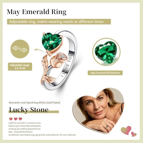 1CT Rose Heart Adjustable Ring 6.5~8 Emerald Ring Emerald VVS1 D Clarity 18K White/Rose Gold Gift for Wife Mother Daughter Birthday Wedding Engagement Christmas Anniversary Mothers Day Gift for Mom Bride - Thumbnail 2