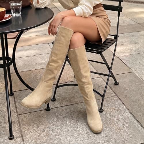 Athlefit Suede Boots for Women Knee High Square Toe Low Heel Riding Fall Boots Fashion Stretchy Side Zipper Long Tall Booties Camel 11 - Thumbnail 3