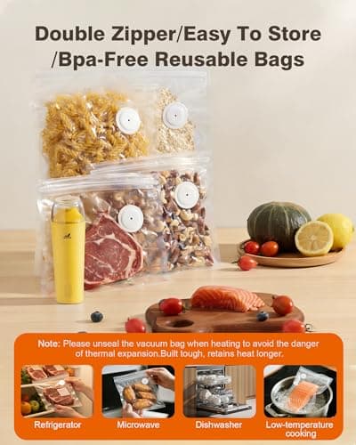 Vacuum sealer for food, Chef’s Design to Preserve Freshness, Compact Handheld Vacuum Sealer with 30 Reusable Bags, Professional-Grade for Food Storage Savers, Mustard - Thumbnail 6