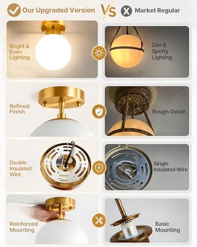 Majade Semi Flush Mount Ceiling Light 8" Globe Mid Century Modern Light Fixture Milk Glass with Gold Brass Finish Light Fixtures for Hallway Entryway Kitchen Island Closet Laundry Bathroom - Thumbnail 5