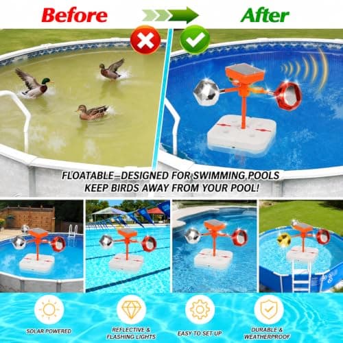 YouTeMei Solar Powered Pool Bird Frightening Tool with Rotating Reflective Lenses & Sound Function, Water-Filled Rubber Floating Base for Pool Pond Lake Boat Garden - Thumbnail 4