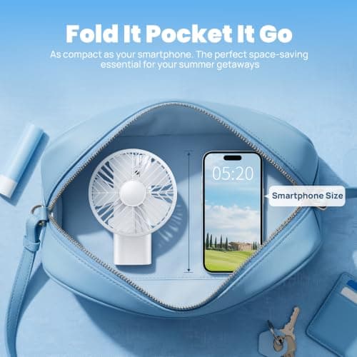 HAWANA Portable Handheld Fan, High Speed mini handheld fan with LED Display, travel fan 180° Foldable Desk Fan with Base, 5 Speed small fan for Outdoor Activities, Travel, Beach, White - Thumbnail 5