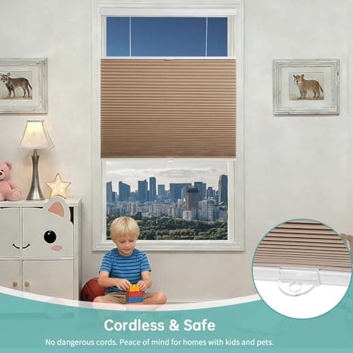 Changshade Top Down Bottom Up Blackout Cellular Shades, Cordless Honeycomb Blinds for Windows, Light Blocking & Total Privacy for Day Sleepers,Light Brown,34" W*72" H - Thumbnail 5