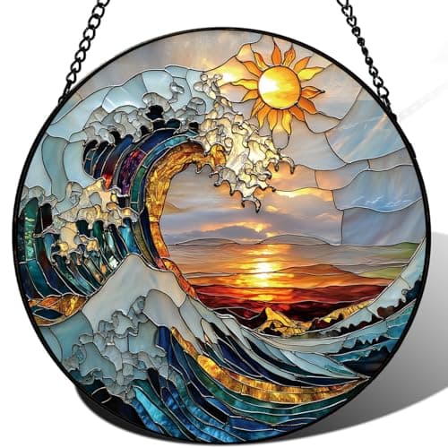 Zizzie Stained Glass Ocean Wave Suncatcher - 7.9" Real Glass Crashing Surf Sunset Window Hanging, Weatherproof Coastal Beach Decor, Nautical Art Surfer Gift for Men Women Dad - Image 1