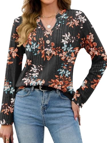 VUTRU Womens Tunic Sweater Knit Pullover Top Long Sleeve V Neck Work Blouse Shirt for Casual Fall Clothing, Orange Floral XXL - Image 1