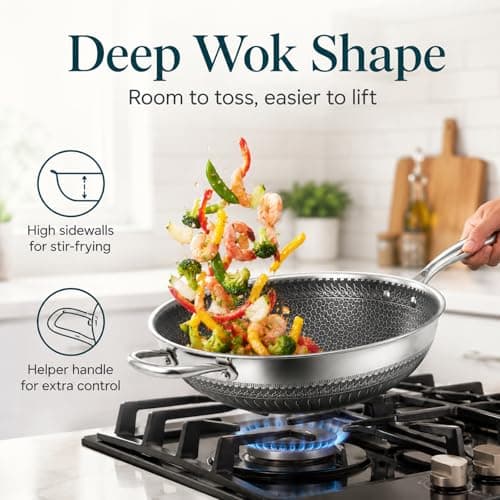 Boryenty 12 Inch Stainless Steel Honeycomb Wok with Standing Lid, Flat Bottom Stir Fry Pan, PFOA-Free Physical Nonstick, Induction Compatible & Dishwasher Safe Wok - Thumbnail 5