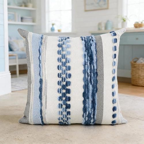 yuboo Coastal Decorative Throw Pillows Set of 2, 18x18 Blue and White Textured Tufted Pillow Covers, Nautical Summer Beach House Decor for Couch, Sofa, Bedroom and Patio (Inserts Not Included)