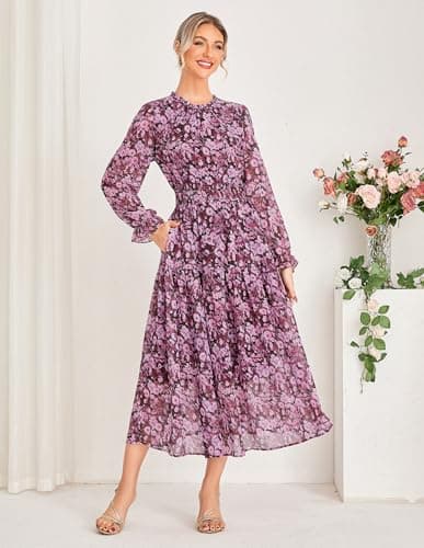 GRACE KARIN Long Sleeve Fall Dresses for Women Chiffon Flowy Long Dress Floral Swing Ruffle Tea Party A Line Dress Purple L - Thumbnail 2