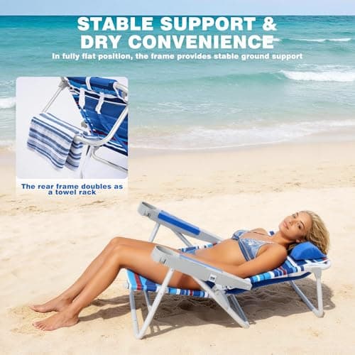 SUNNYFEEL Extra Wide Low Beach Chair 2 Pack 5 Position Lay Flat 500 LBS Heavy Duty, XL Oversized Folding Camping Chairs with Cup Holder for Outdoor/Sand, Portable Backpack Beach Chair for Adults - Thumbnail 6