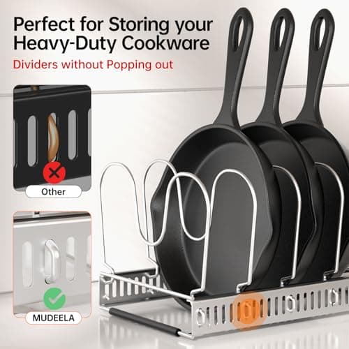 MUDEELA Pot Rack - Expandable Pots and Pans Organizer under Cabinet, Pot Lid Organizer Holder with 12 Adjustable Compartment, Kitchen Cabinet Organizer and Storage for Cutting Board, Skillets Pan - Thumbnail 3